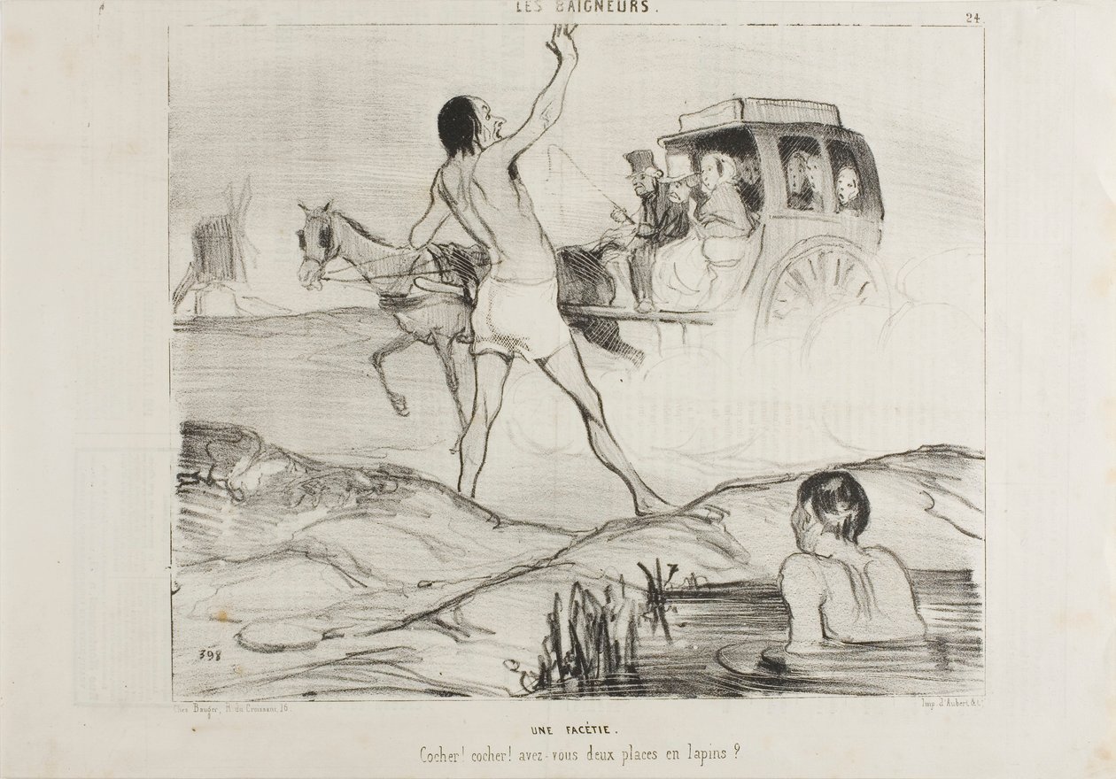 Praktický vtip. "Řidiči! Řidič! Máte ještě dvě místa v králičí sekci", deska 24 od Les Baigneurs od Honoré Victorin Daumier