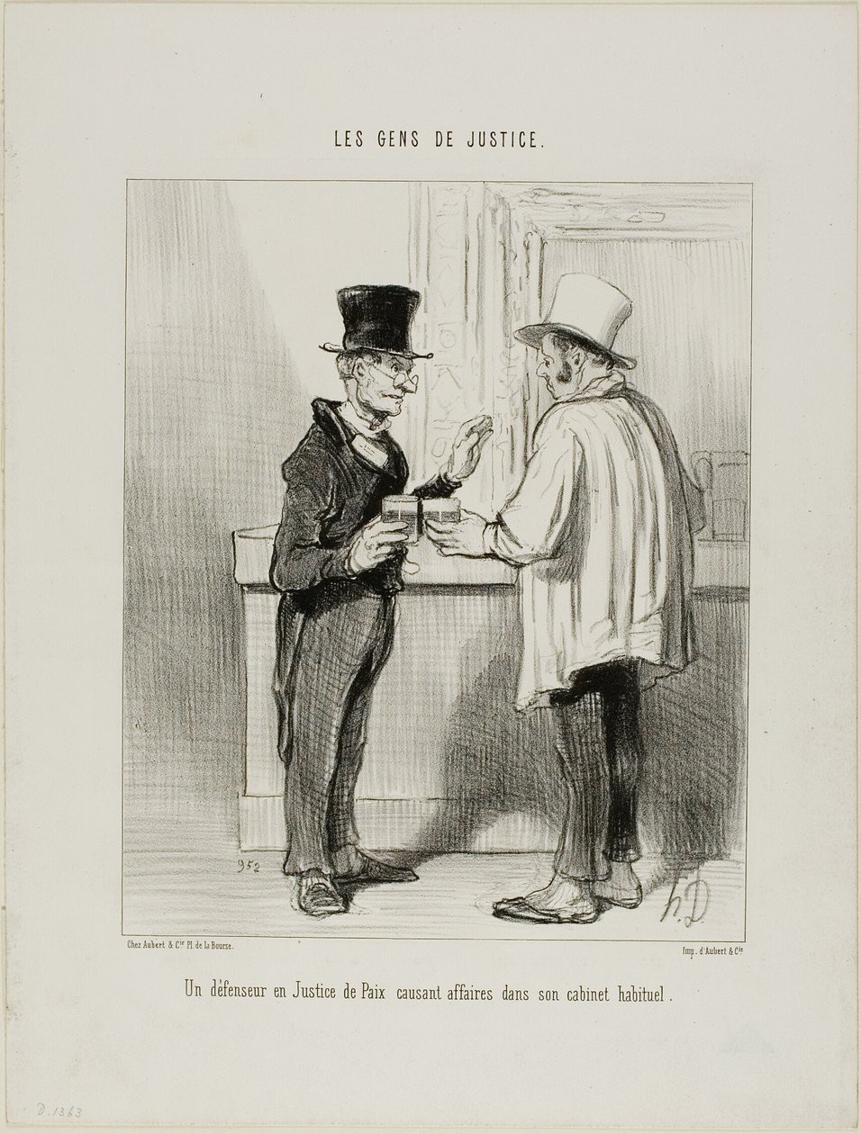 Obhájce u Rozhodčího soudu při jednání v jeho obvyklých kancelářských prostorách, deska 27 od Les Gens De Justice od Honoré Victorin Daumier