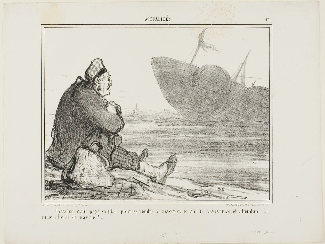 Cestující, který si zaplatil jízdenku do NEW YORKU na lodi LEVIATHAN, čeká, až loď konečně spustí na vodu, deska 479 z Actualités od Honoré Victorin Daumier