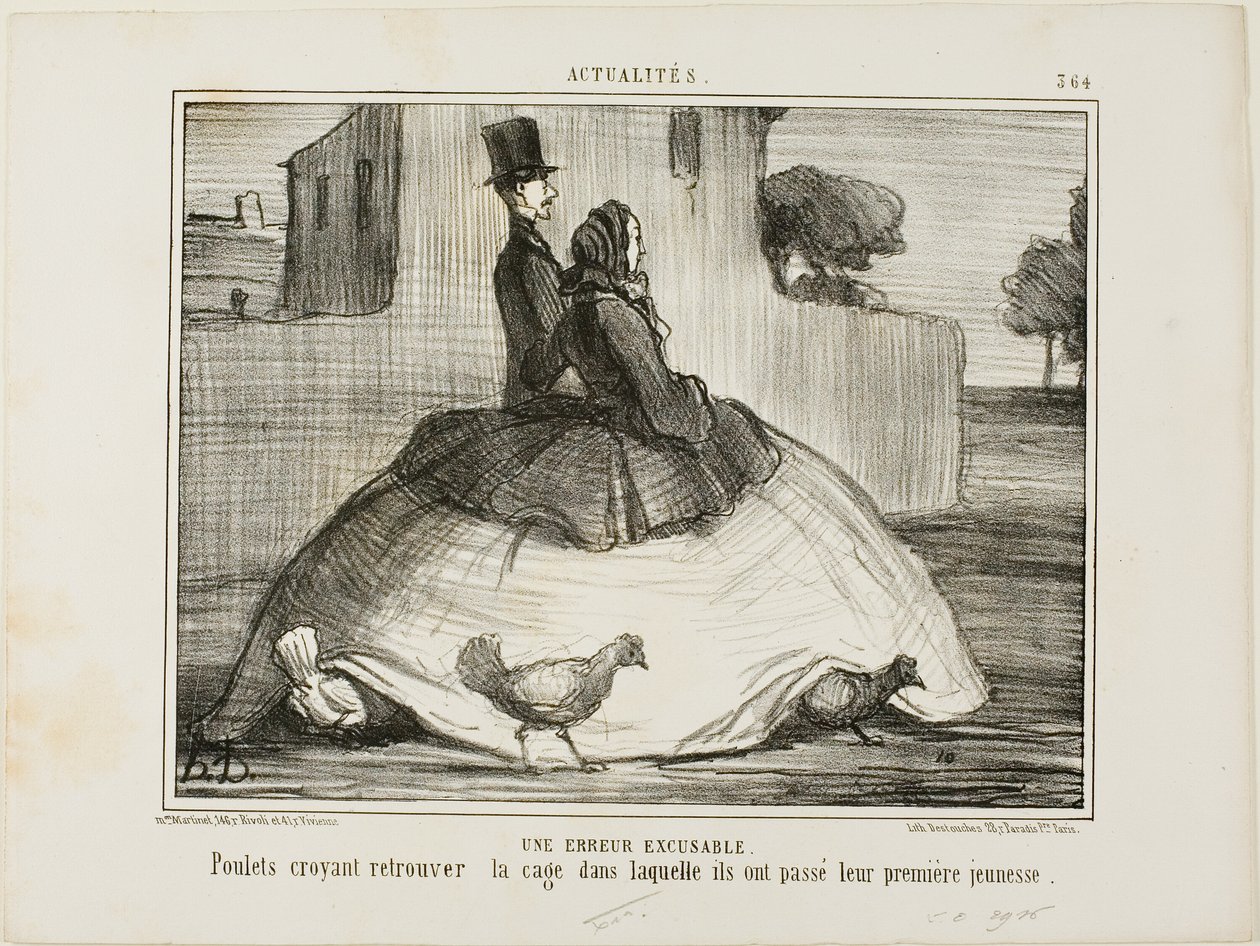 Omluvitelná chyba. Slepice si myslí, že našly klec, ve které strávily rané dětství, deska 21 z knihy La Crinolomanie od Honoré Victorin Daumier