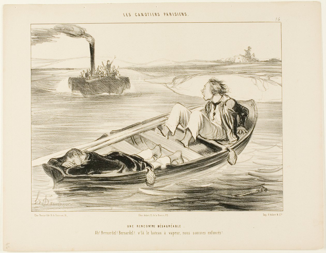 Nepříjemné setkání. "Bernardel, Bernardel! Přijíždí parník... potopíme se!", deska 16 z knihy Les Canotiers Parisiens od Honoré Victorin Daumier