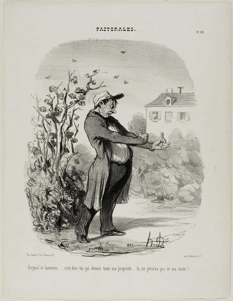 "Zloděj májového brouka... jsi to ty, kdo požírá veškerý můj majetek. Zahyneš mou rukou!"," deska 32 z Pastorales od Honoré Victorin Daumier