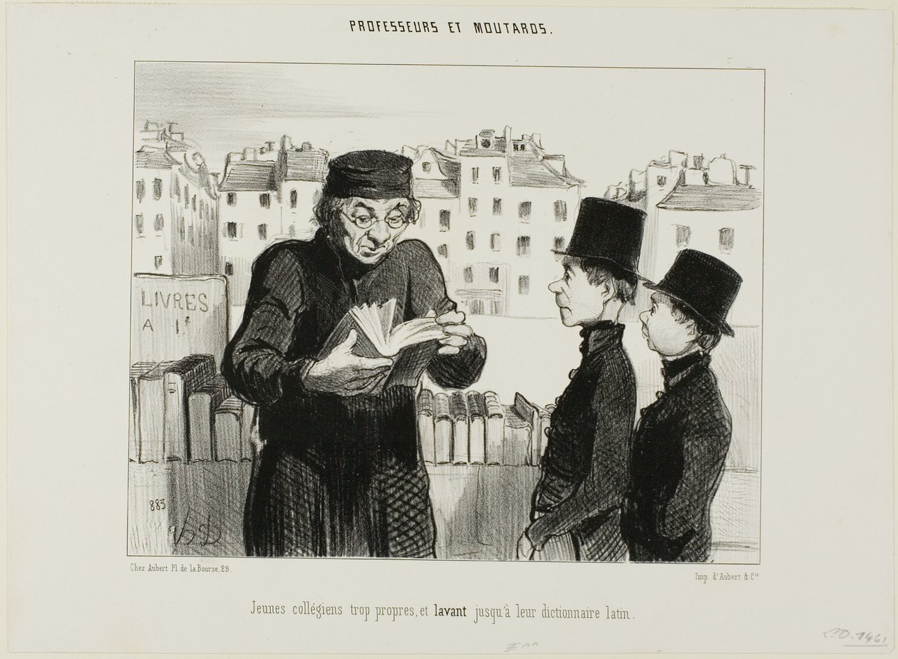 Čistí mladí středoškoláci, dokonce se snaží prodat svůj latinský slovník, deska 24 z knihy Professeurs et Moutards (Profesoři a darebáci) od Honoré Victorin Daumier