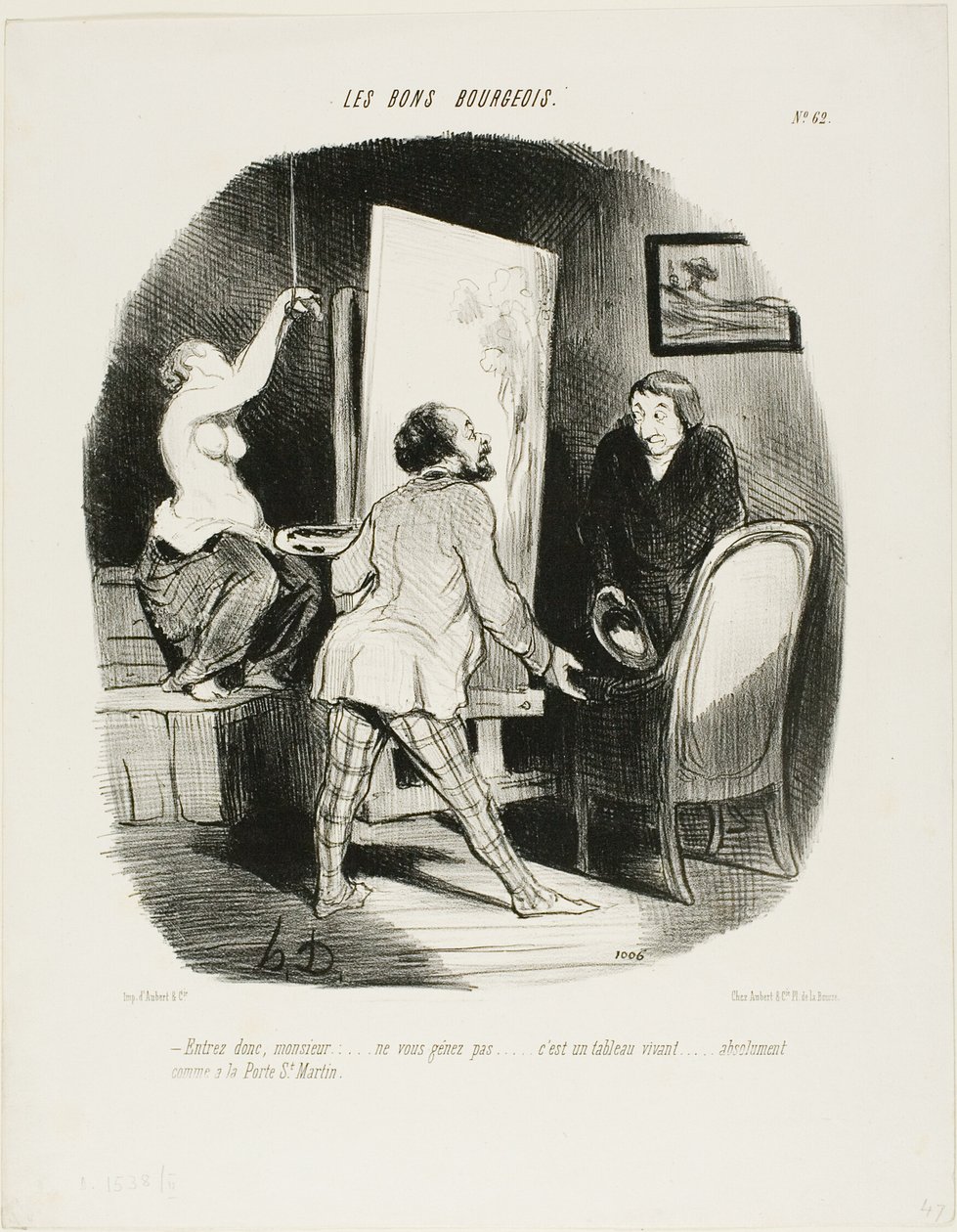 "Pojďte dál, pane, nestyďte se. Je to živý obraz...., jako (byste viděl) na Porte St. Martin," talíř 62 z Les Bons Bourgeois od Honoré Victorin Daumier