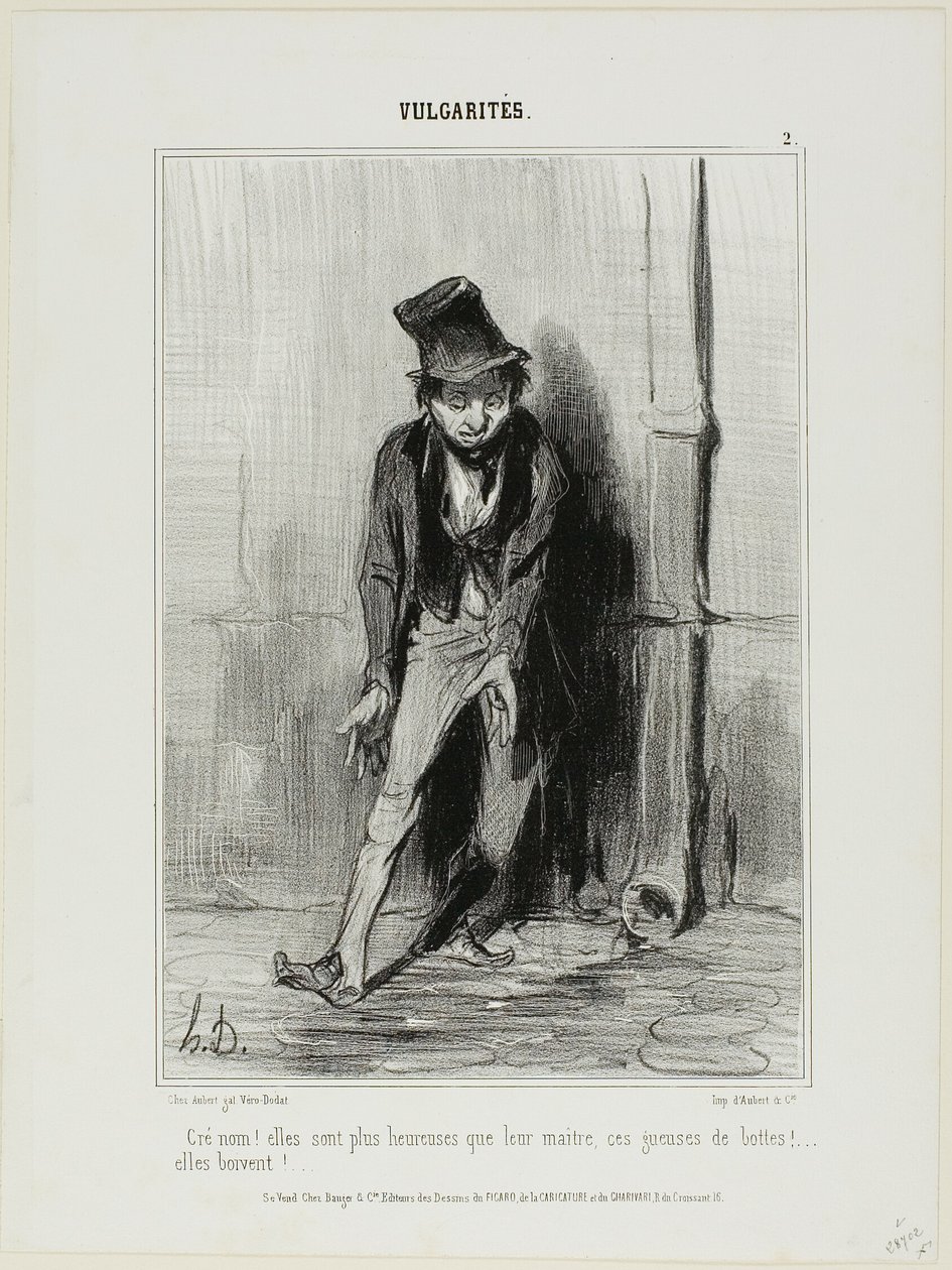 "Sakra! Jsou šťastnější než jejich pánové.... tyhle mrchy od bot... chlastají!," deska 2 z Vulgarités od Honoré Victorin Daumier