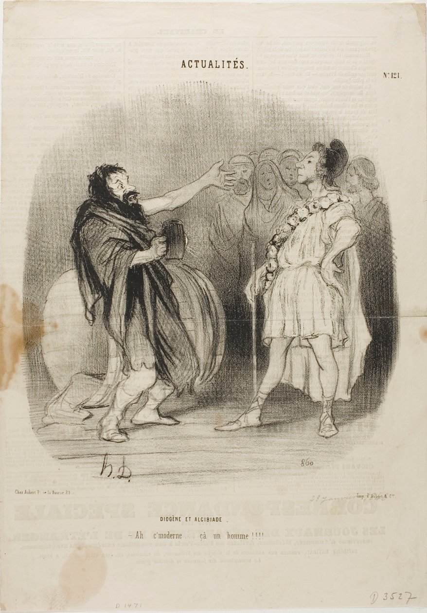 Diogenes a Alkibiades v Odeonu. "- Ach... to je moderní....co je to za člověka!," talíř 121 z Actualités od Honoré Victorin Daumier