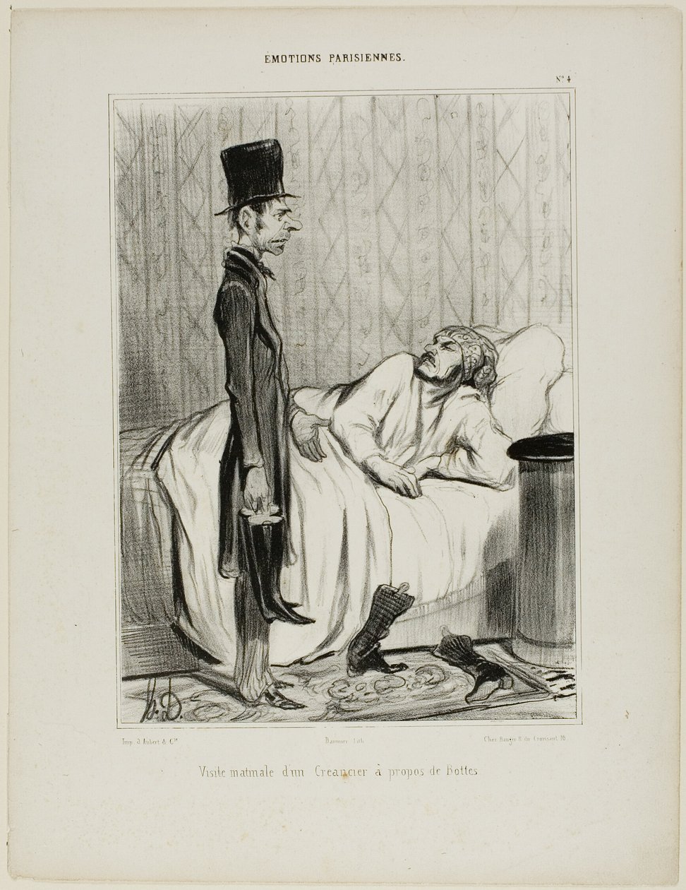 Ranní návštěva věřitele ohledně bot, deska 4 z knihy Émotions Parisiennes od Honoré Victorin Daumier
