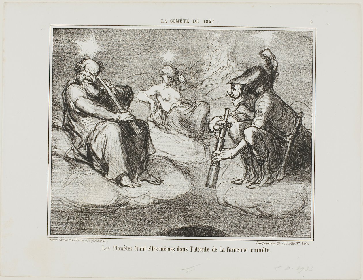 Přílet slavné komety se zájmem sledují i planety, deska 9 z knihy La Cométe De 1857 od Honoré Victorin Daumier