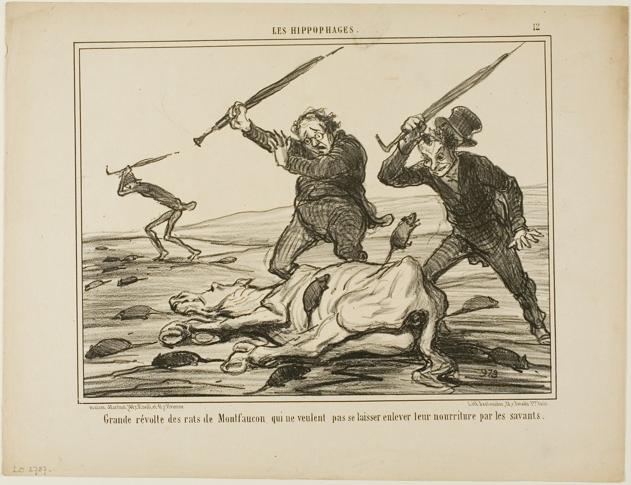 Velká vzpoura krys z Montfauconu, které nechtějí, aby jim vědci brali krmení, deska 12 z knihy Les Hippophages od Honoré Victorin Daumier