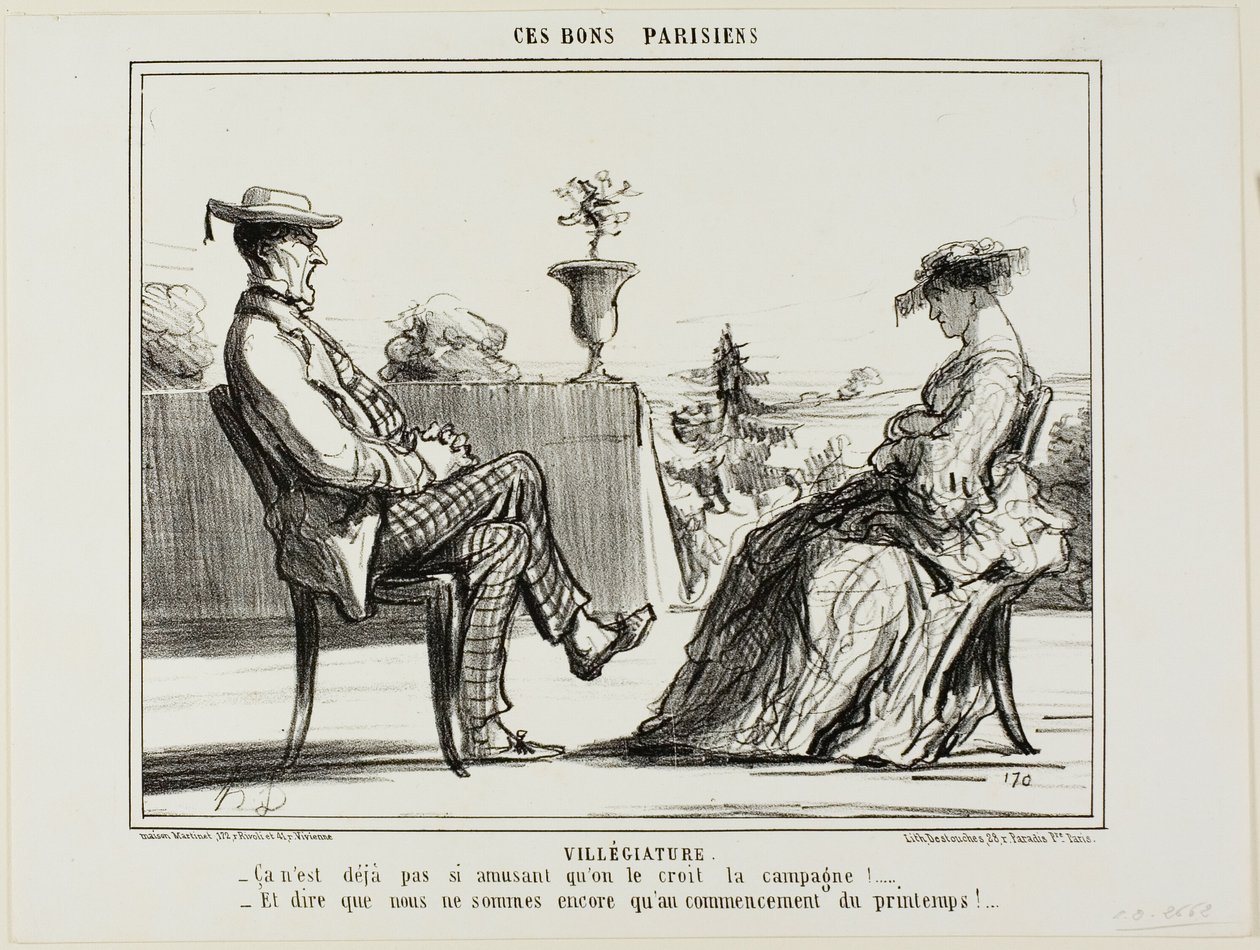 Dovolená na venkově. "- Život na venkově opravdu není tak zábavný, jak se říká. - A když si pomyslím, že jaro teprve začalo," talíř 14 z Ces Bons Parisiens od Honoré Victorin Daumier