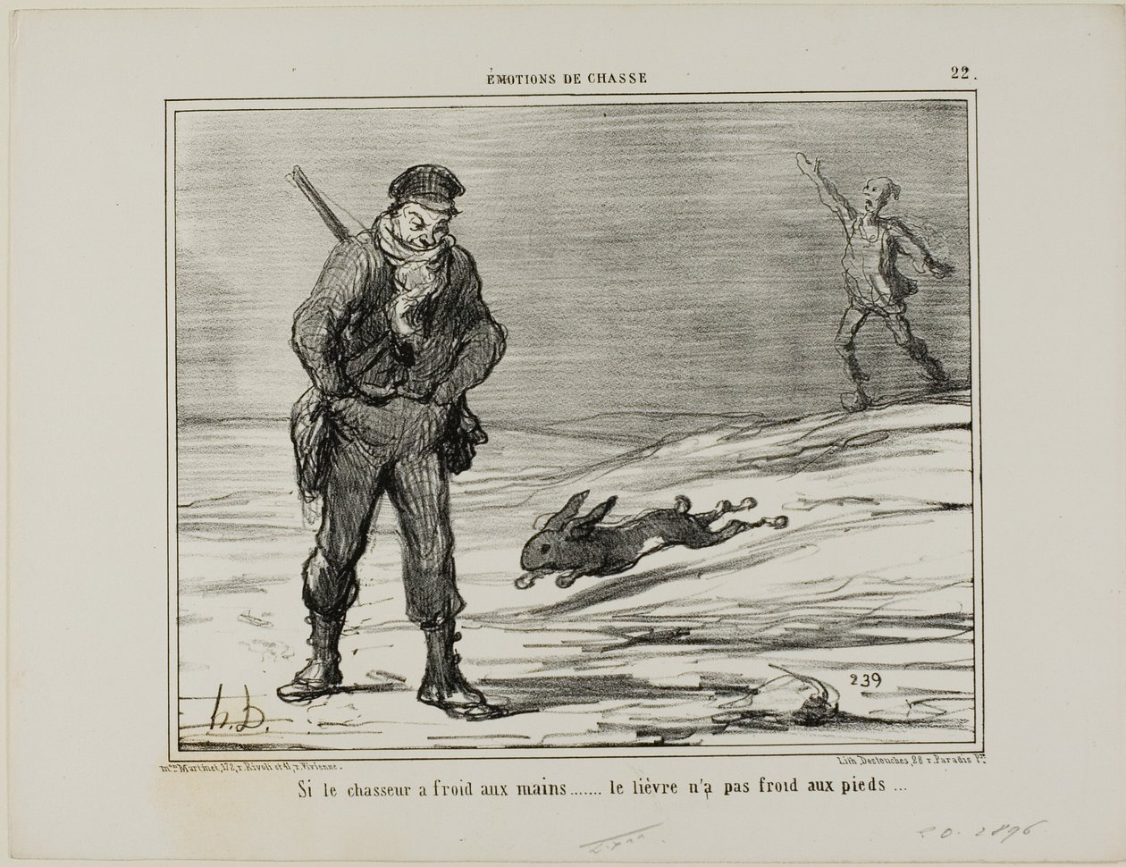 Když má lovec studené ruce... zajíc nemá studené nohy, deska 22 z knihy Émotions De Chasse od Honoré Victorin Daumier