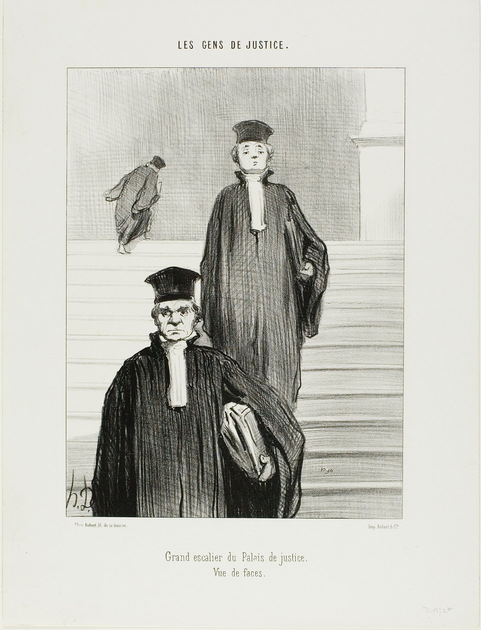 Hlavní schodiště Justičního paláce. Pohled zepředu, deska 36 z knihy Les Gens De Justice od Honoré Victorin Daumier