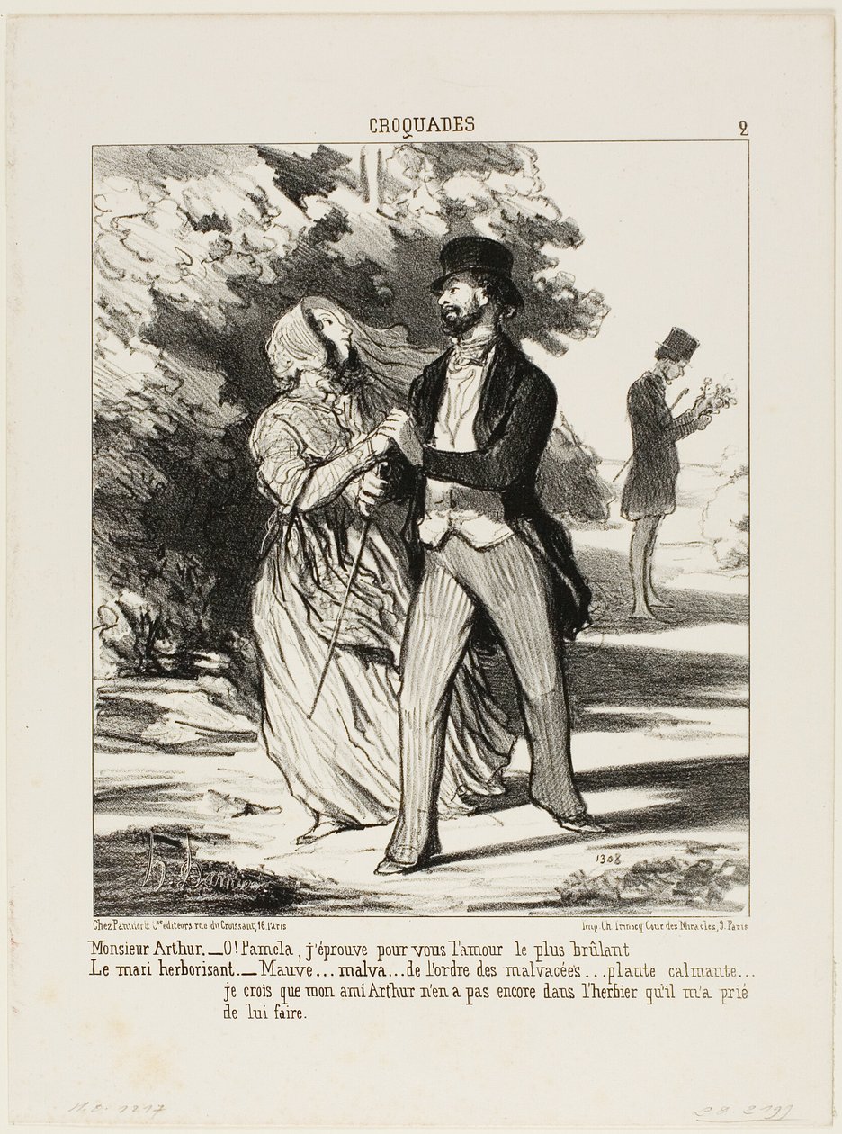 Monsieur Arthur: "- Ach, Pamelo! Hořím k tobě láskou!" Manžel bylinkář: "z čeledi Malvaceae... sedativum... Nevěřím, že můj přítel Arthur má tento exemplář v herbáři, který mě požádal, abych pro něj sestavil," deska 2 fro od Honoré Victorin Daumier