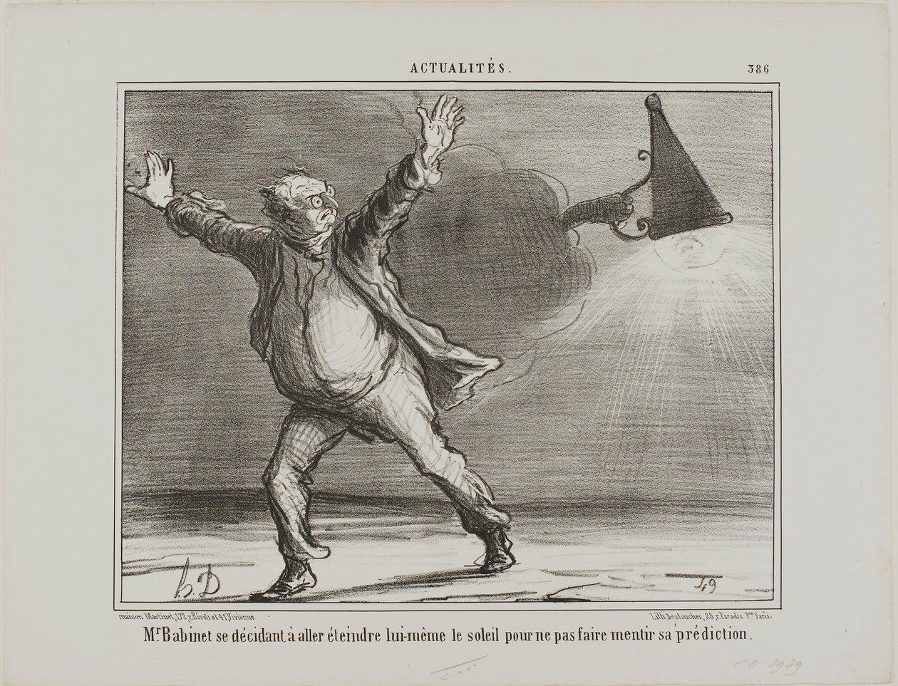 Monsieur Babinet se rozhodne osobně vypnout Slunce, aby se jeho předpovědi naplnily, deska 386 z Actualités od Honoré Victorin Daumier