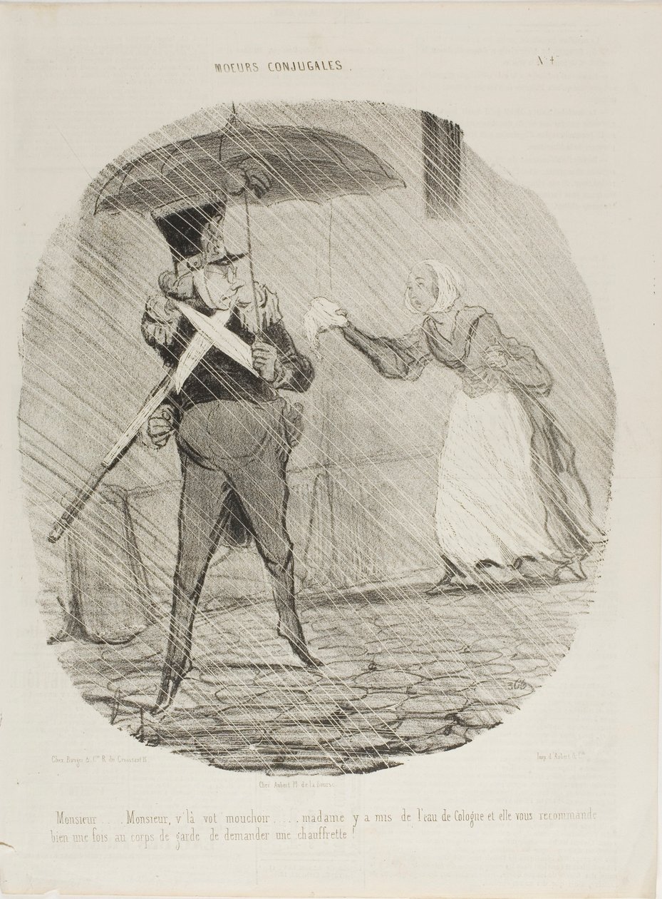 "Monsieur, Monsieur, tady je váš kapesník. Madame na něj dala kolínskou vodu a říkala, že byste se měl u strážného zeptat, jestli byste mohl dostat ohřívač nohou," talíř 47 z knihy Moeurs Conjugales od Honoré Victorin Daumier