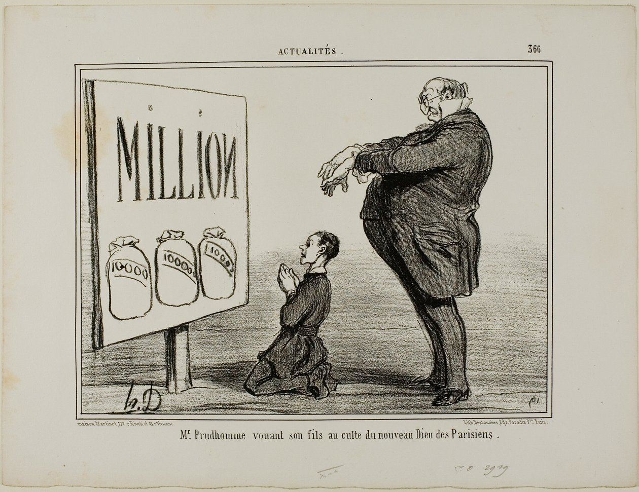 Pan Prudhomme věnuje svého syna novému Bohu Pařížanů, deska 366 z Actualités od Honoré Victorin Daumier