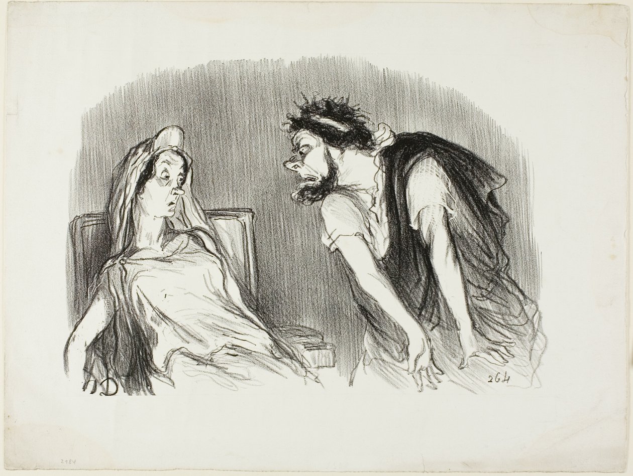 Oedipe. "- Když můj meč proťal jeho krvácející srdce - Třeseš se, madam - Tehdy se svět hroutil," deska desátá z Physionomies tragiques. od Honoré Victorin Daumier