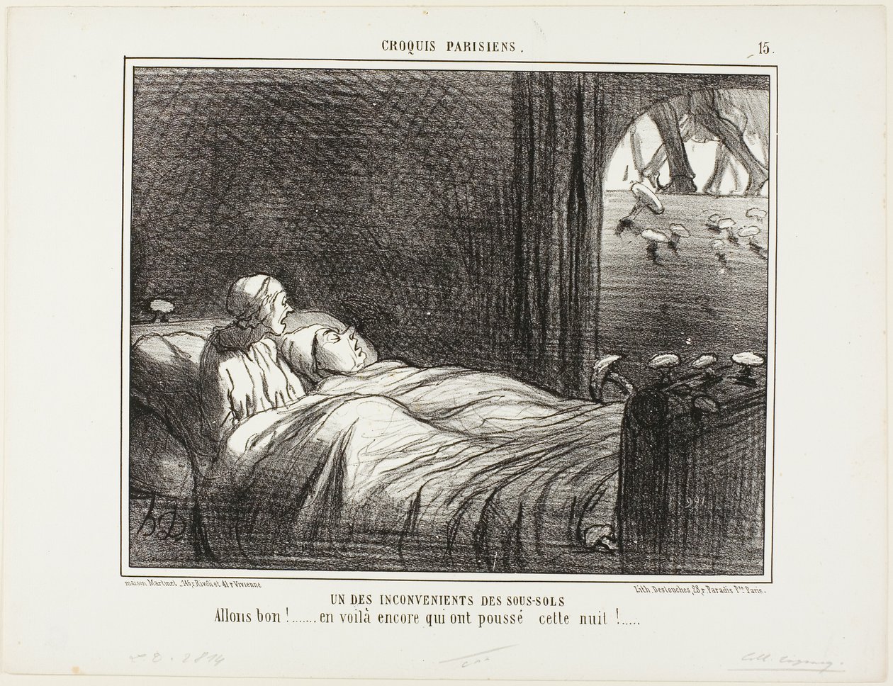 Jedna z nevýhod bydlení ve sklepě. "Podívejte, tady jsou další, které vyrostly včera večer...," talíř 15 z Croquis Parisiens od Honoré Victorin Daumier