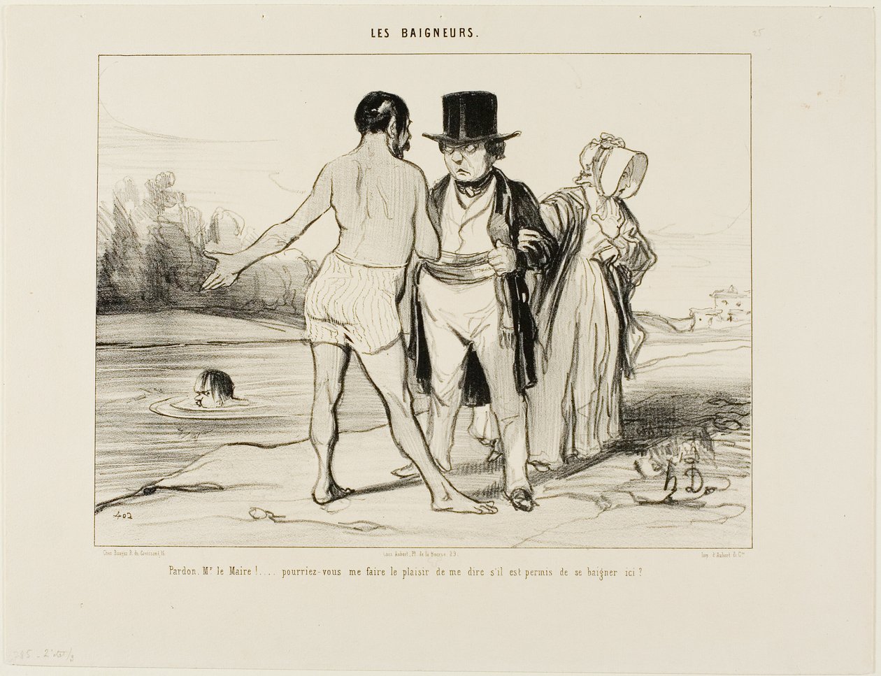"Promiňte, starosto.... byl byste tak laskav a řekl mi, zda je zde povoleno plavání," talíř 25 z Les Baigneurs od Honoré Victorin Daumier