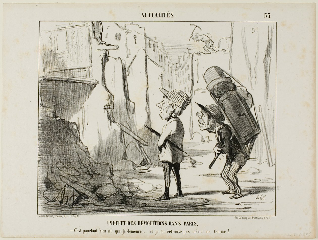 Výsledek demolice budov v Paříži. "- Vždyť tady jsem bydlel.... a už ani nemůžu najít svou ženu," talíř 55 z Actualités od Honoré Victorin Daumier