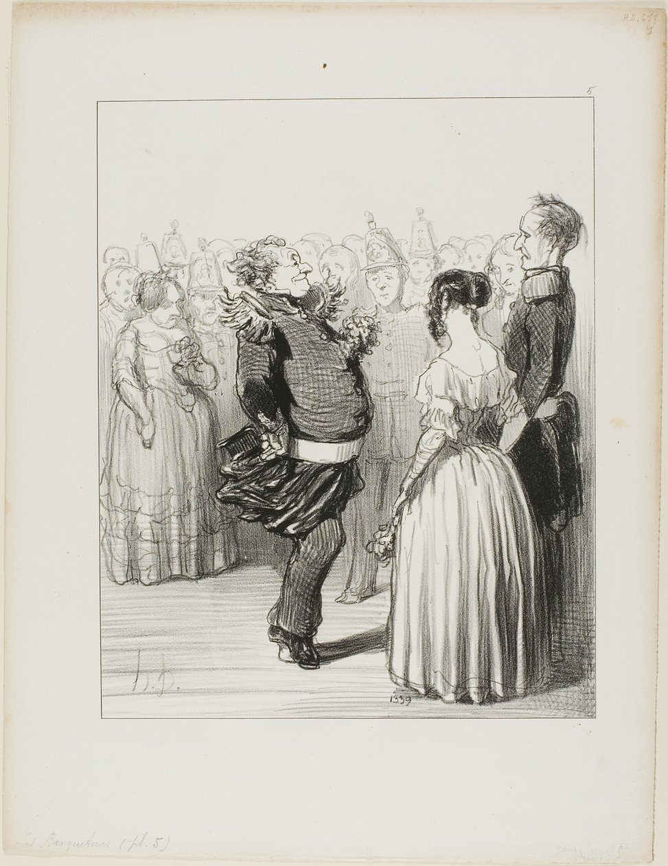 Rifolard otevírá míč a provádí odvážný taneční krok vpřed, který sklízí všeobecnou chválu, talíř 5 od Les Banqueteurs. od Honoré Victorin Daumier