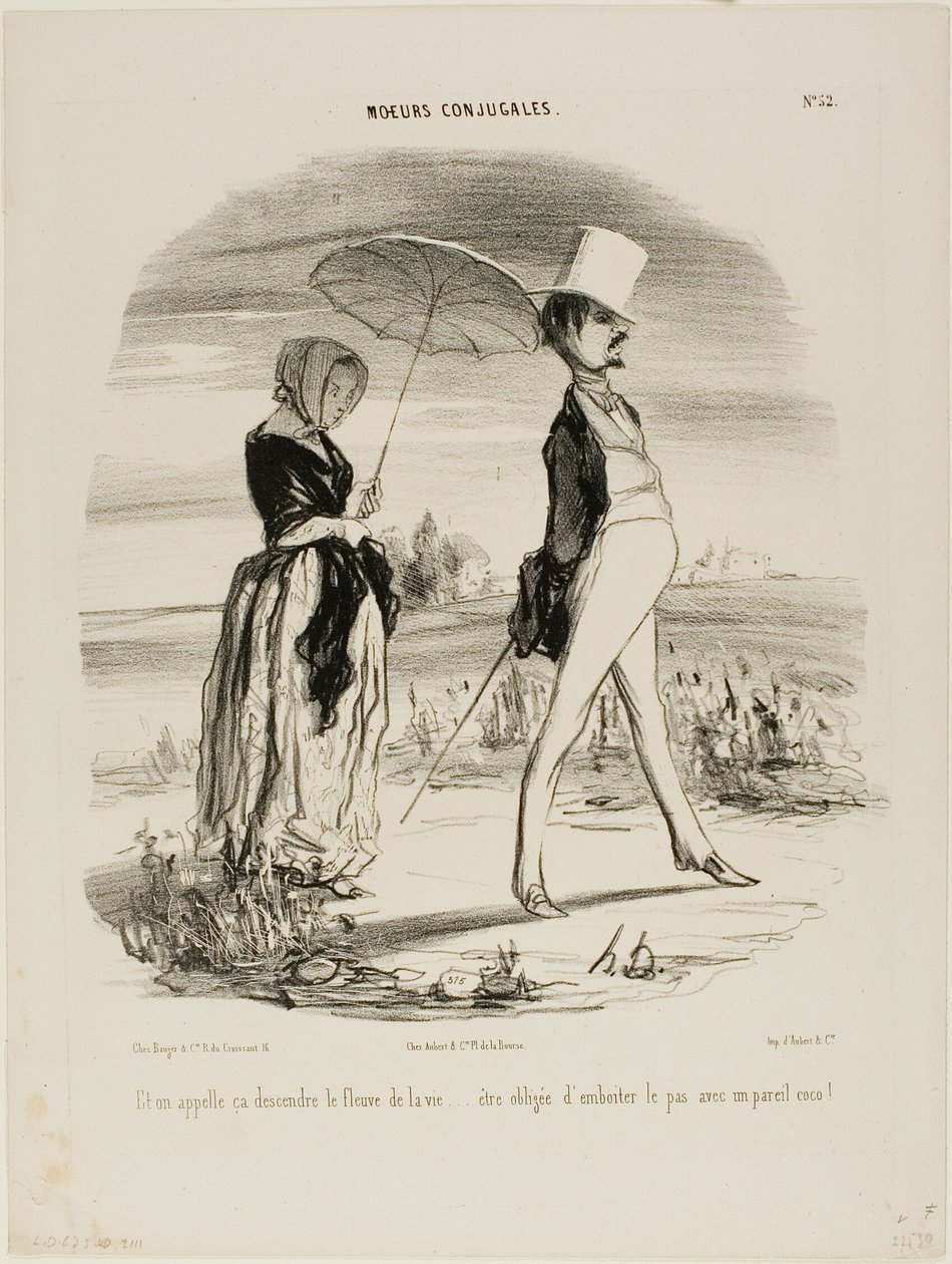 "Tak tomuhle se říká jít za proudem života..... být nucen kráčet s takovým bláznem!," deska 52 z Moeurs Conjugales od Honoré Victorin Daumier