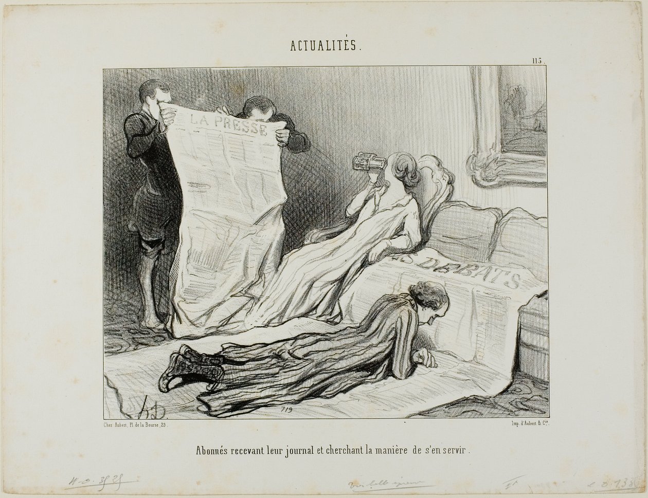 Předplatitelé se snaží vypořádat se svými novinami, deska 115 z Actualités od Honoré Victorin Daumier