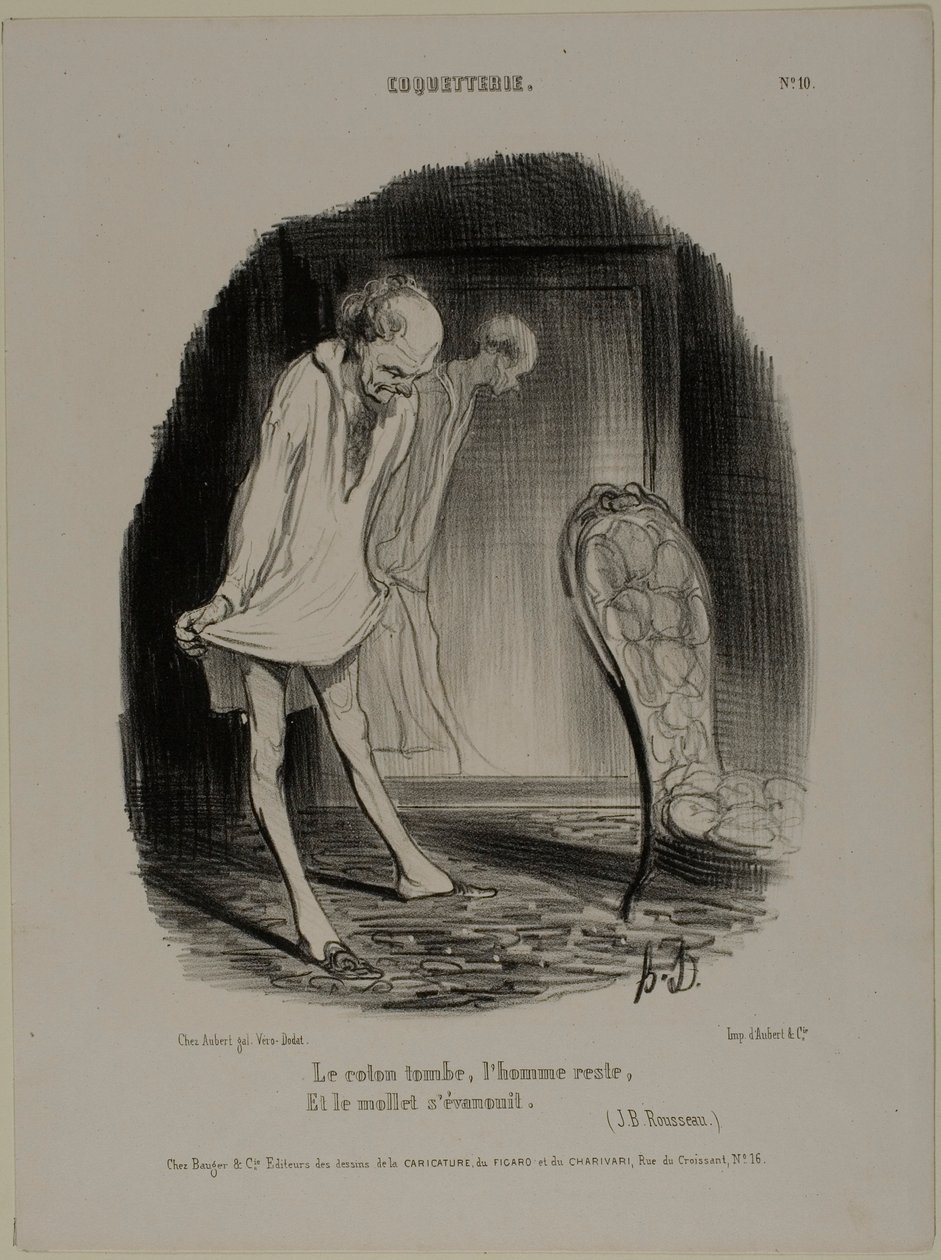 Bavlněné šaty padají, člověk zůstává a tele mizí (J. B. Rousseau), deska 10 z knihy Coquetterie od Honoré Victorin Daumier