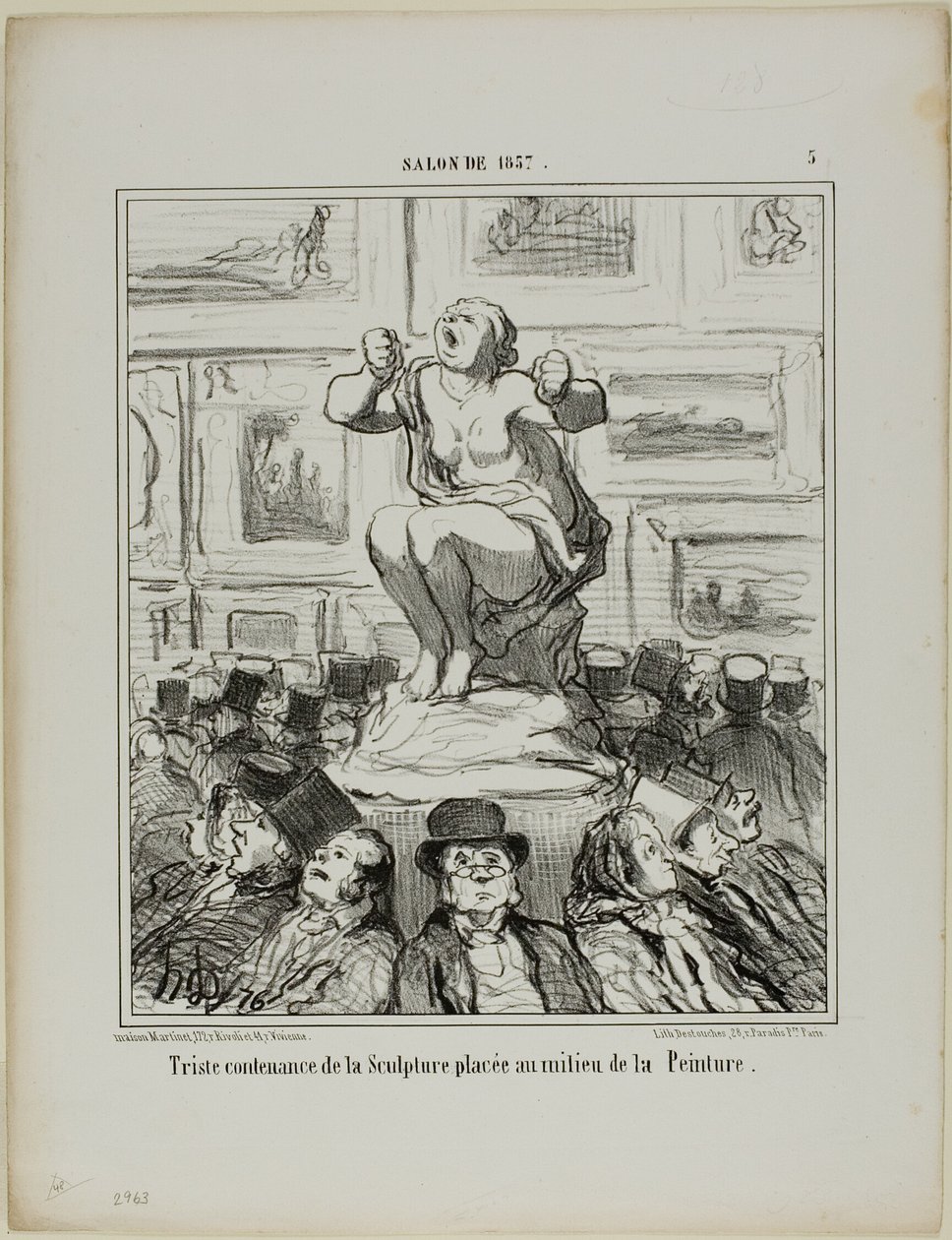 Nelibost sochy umístěné uprostřed výstavy obrazů, deska 5 ze Salonu 1857 od Honoré Victorin Daumier
