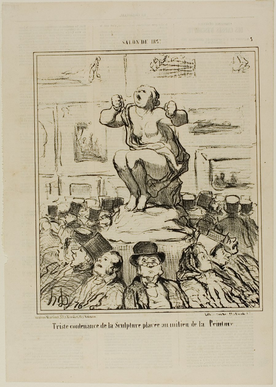 Nelibost sochy umístěné uprostřed výstavy obrazů, deska 5 ze Salonu 1857 od Honoré Victorin Daumier