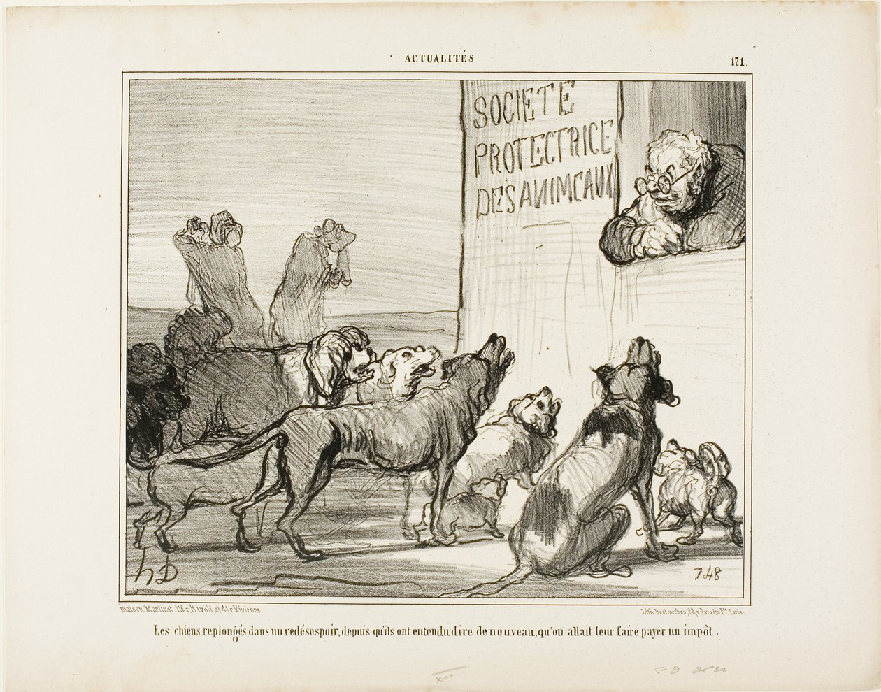 Psi opět propadají zoufalství poté, co se dozvěděli, že přece jen bude nová daň ze psů, talíř 171 z Actualités od Honoré Victorin Daumier
