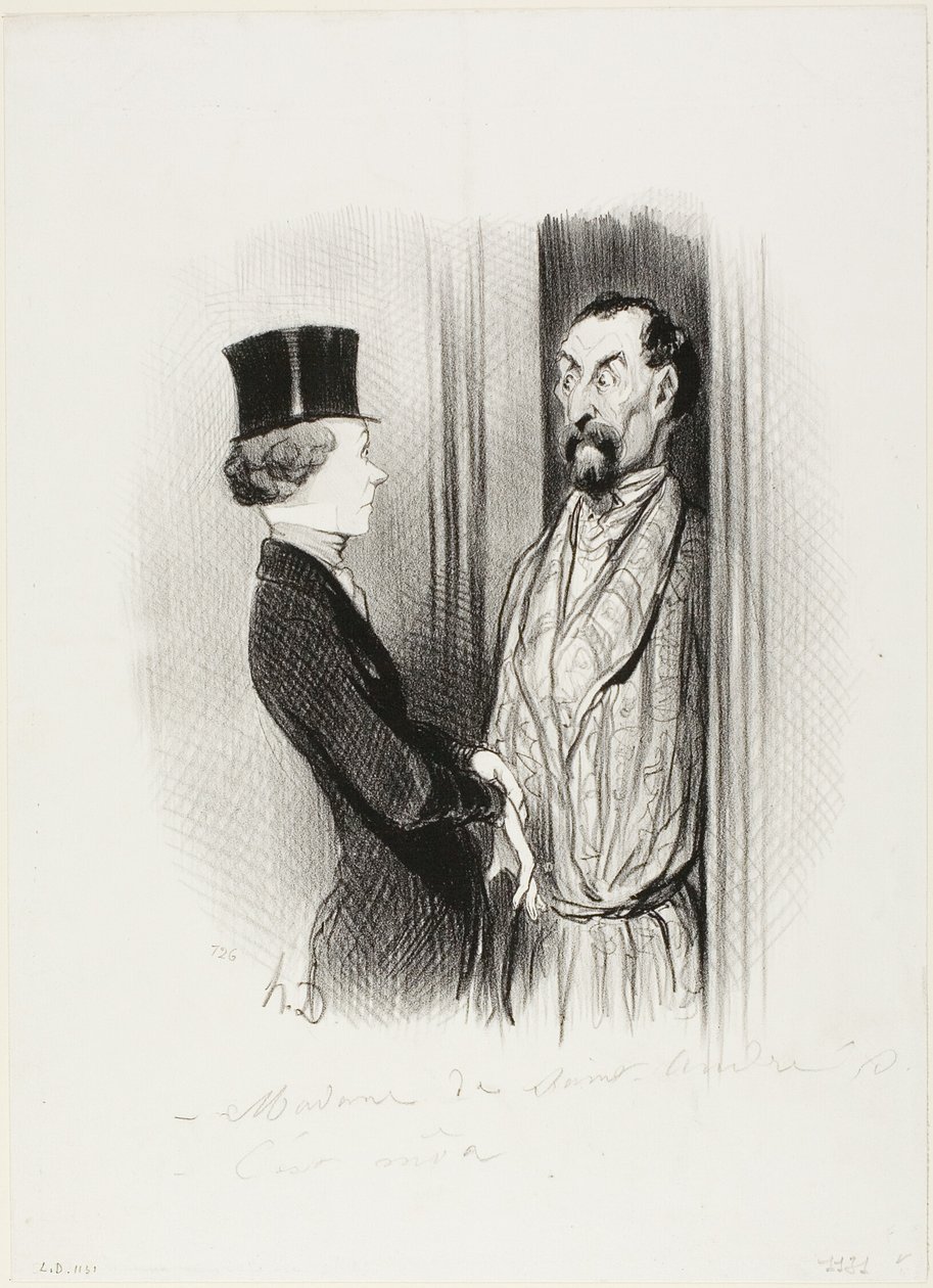 Rendez-Vous. "- Madame Eudoxie Blancminet - To jsem já, Monsieur... co pro vás mohu udělat," deska 44 z Les Beaux Jours De La Vie od Honoré Victorin Daumier