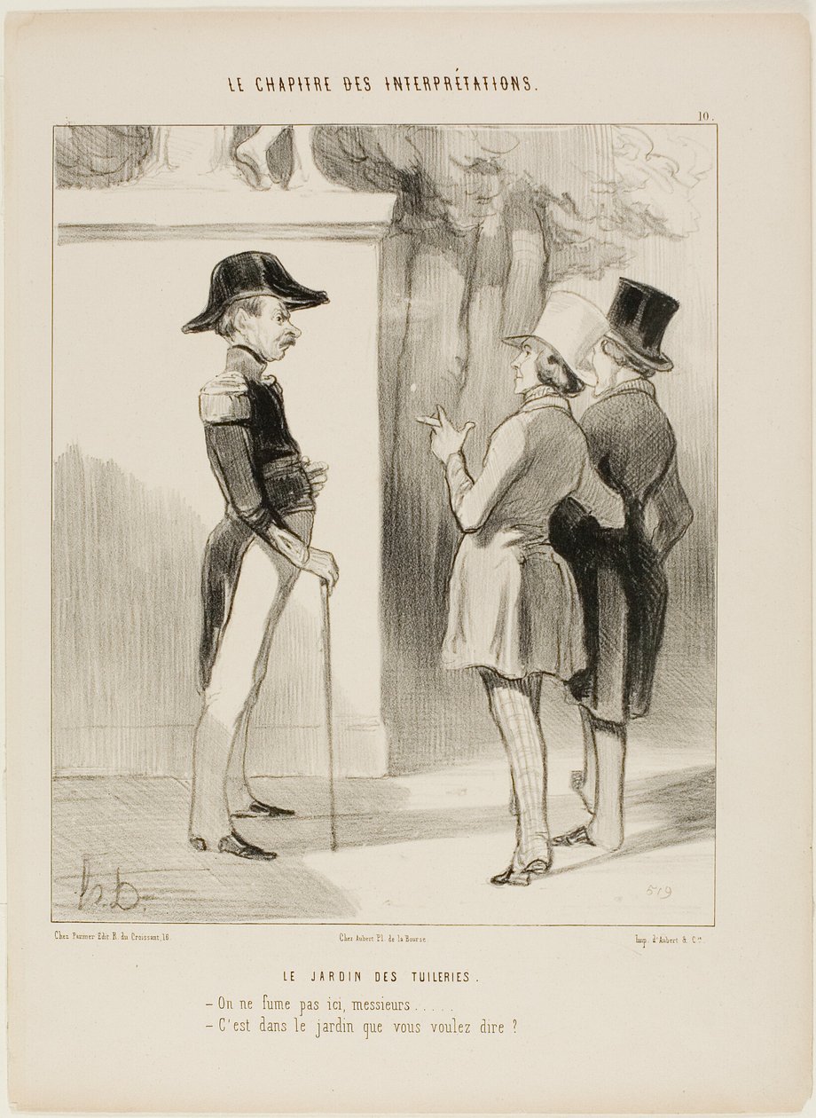 Tuilerijské zahrady. "- Tady se nekouří, pane! - Myslíte v zahradě", deska 10 z Le Chapitre Des Interprétations od Honoré Victorin Daumier