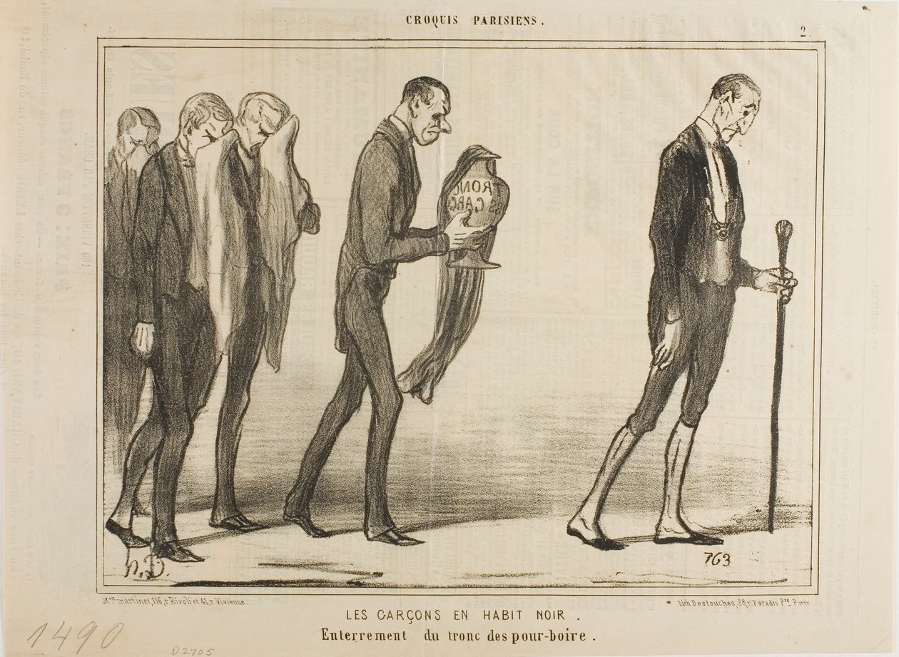 Číšník v černém obleku. Pohřeb krabičky na spropitné, deska 2 z knihy Croquis Parisiens od Honoré Victorin Daumier