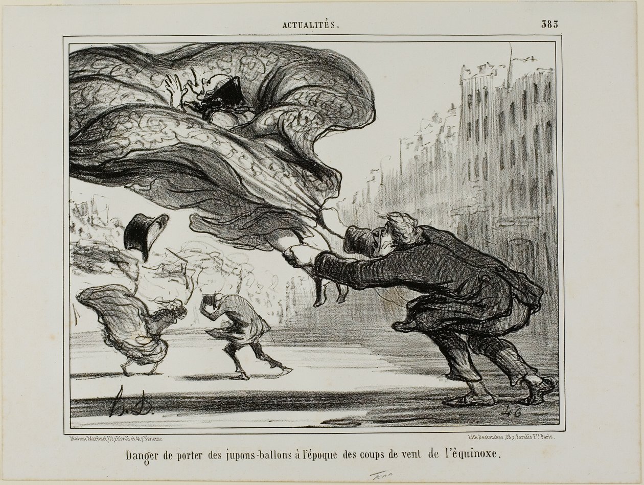 Nebezpečí nošení sukní s obručí během náhlé jarní bouřky, deska 26 z La Crinolomanie od Honoré Victorin Daumier