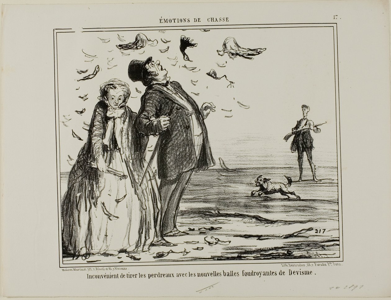 Nevýhoda střelby na mladé koroptve novými výbušnými střelami Devisme, deska 17 z časopisu Émotions De Chasse od Honoré Victorin Daumier