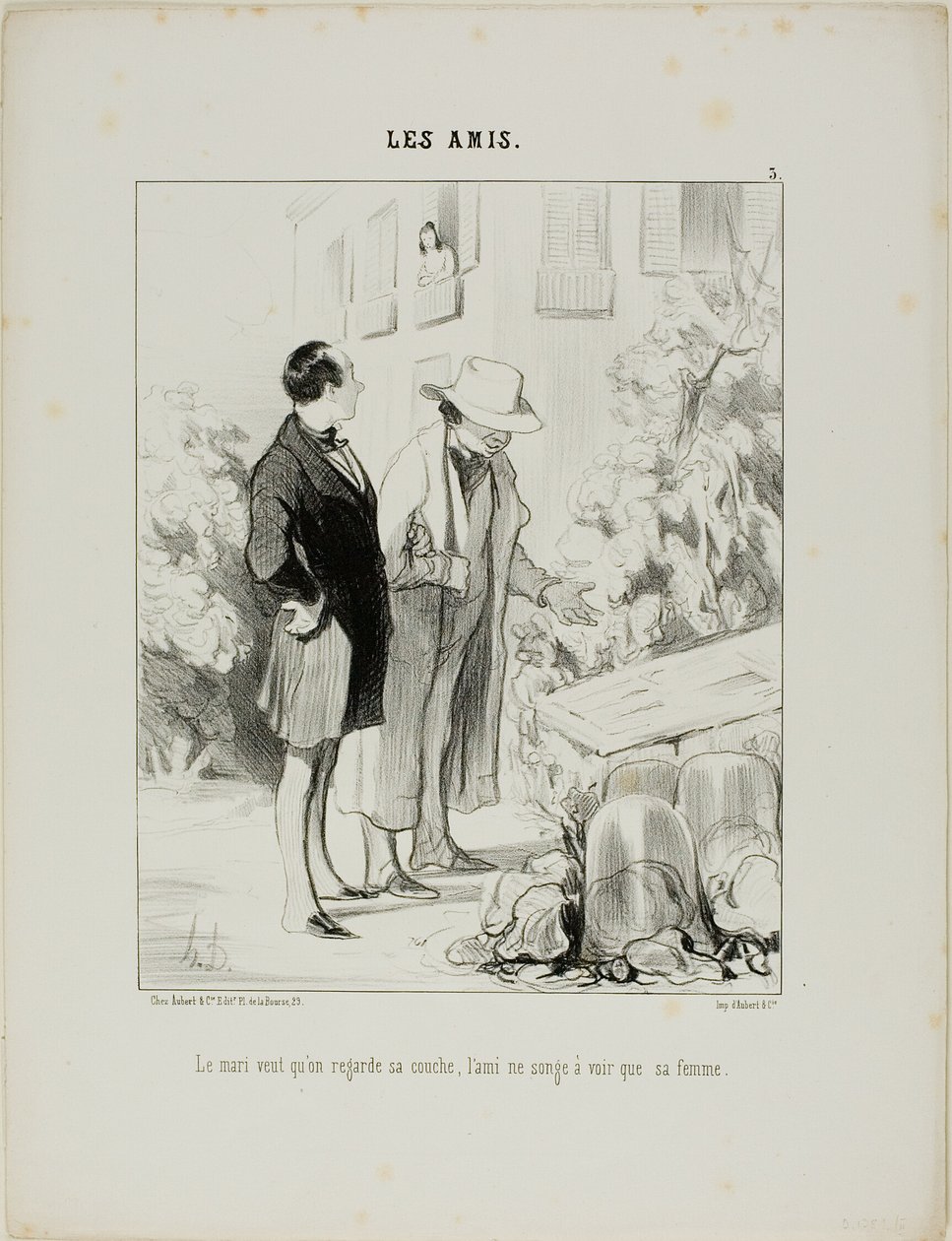 Manžel chce, aby se podíval na jeho teplé lůžko, přítel sní jen o tom, že uvidí svou ženu, deska 3 z Les Amisa od Honoré Victorin Daumier
