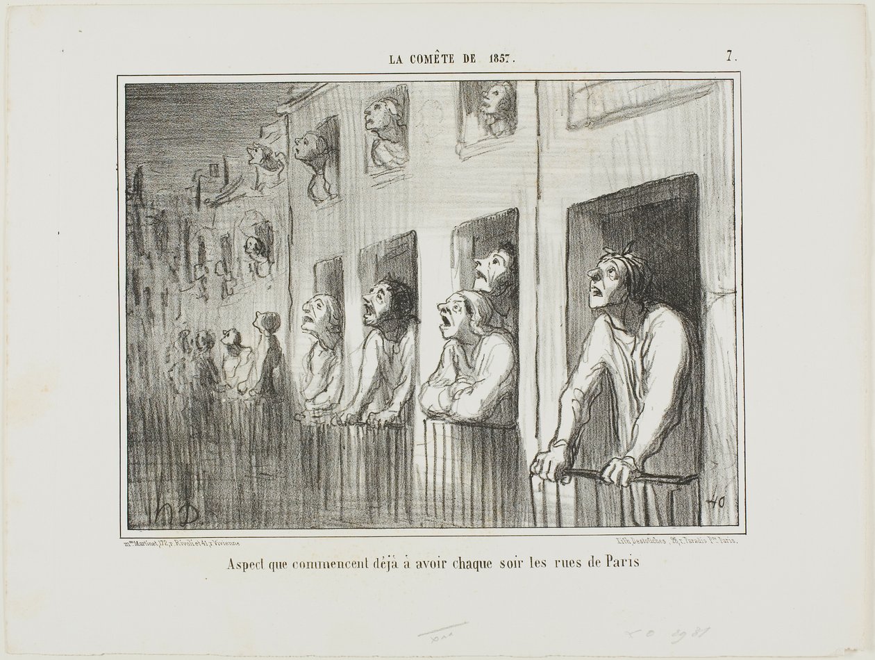 Ulice Paříže začínají vypadat každou noc takto, deska 7 z knihy La Cométe De 1857 od Honoré Victorin Daumier