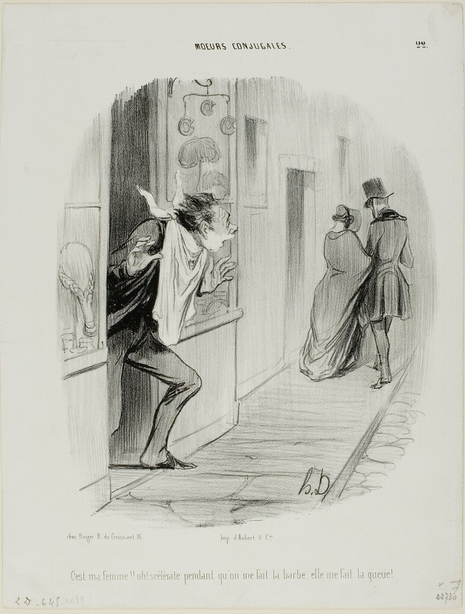"Tady je moje žena!! Zatímco se holím, ona ze mě dělá paroháče!", deska 22 z Moeurs Conjugales od Honoré Victorin Daumier