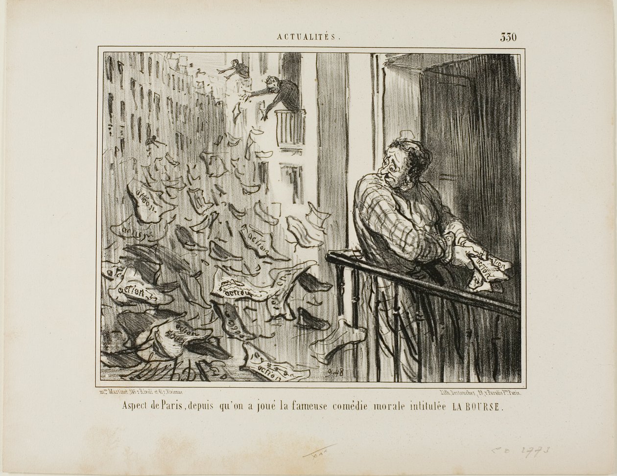 Pohled na pařížské ulice po představení slavné moralistní komedie "La Bourse", deska 330 z časopisu Actualités od Honoré Victorin Daumier
