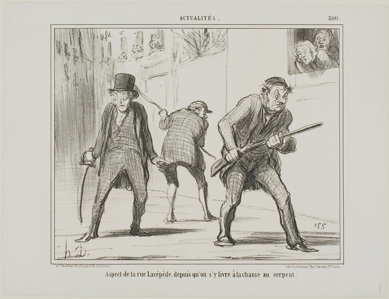 Pohled na ulici Lacépède během lovu na hada, deska 500 z Actualités od Honoré Victorin Daumier