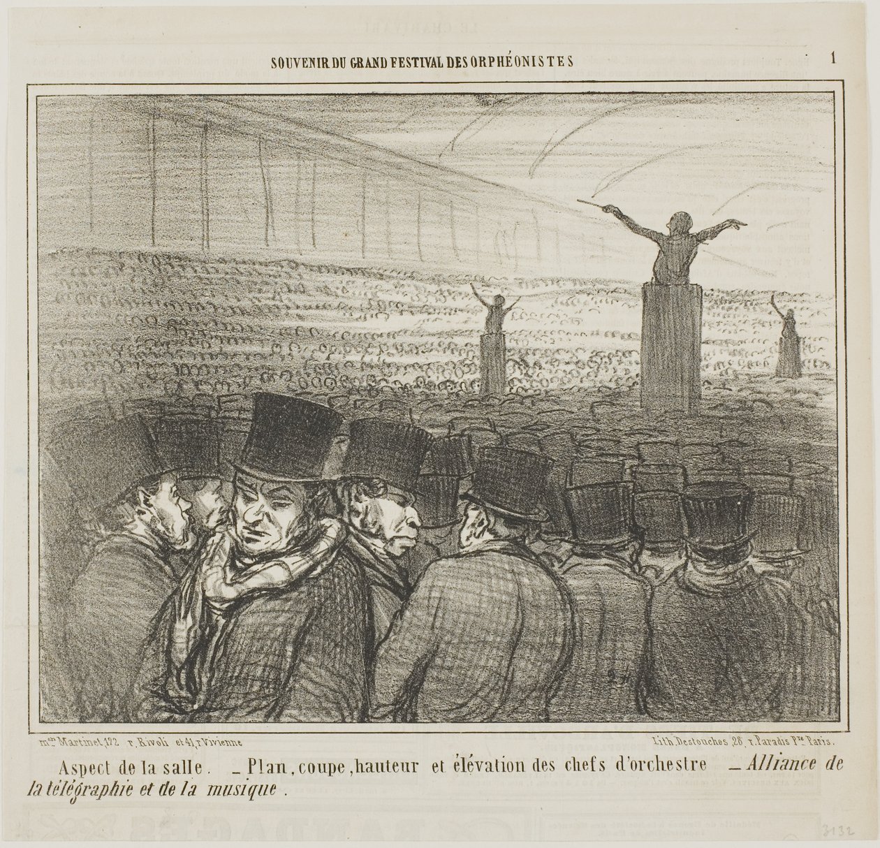 Pohled na Velký sál, deska 1 ze Souvenirdu Grand Festival des Orphéonistes od Honoré Victorin Daumier