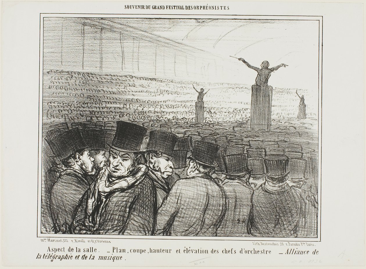 Pohled do velkého sálu. Mapa, výška a pohled zepředu na dirigenta. Velké spojenectví telegrafu a hudby, deska 1 ze Souvenir Du Grand Festival Des Orphéonistes. od Honoré Victorin Daumier