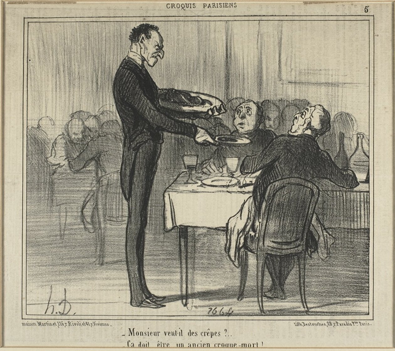 "Chtěl by Monsieur palačinky... - Musel být hrobník," pátý talíř z knihy Croquis Parisiens (Pařížské skici) od Honoré Victorin Daumier