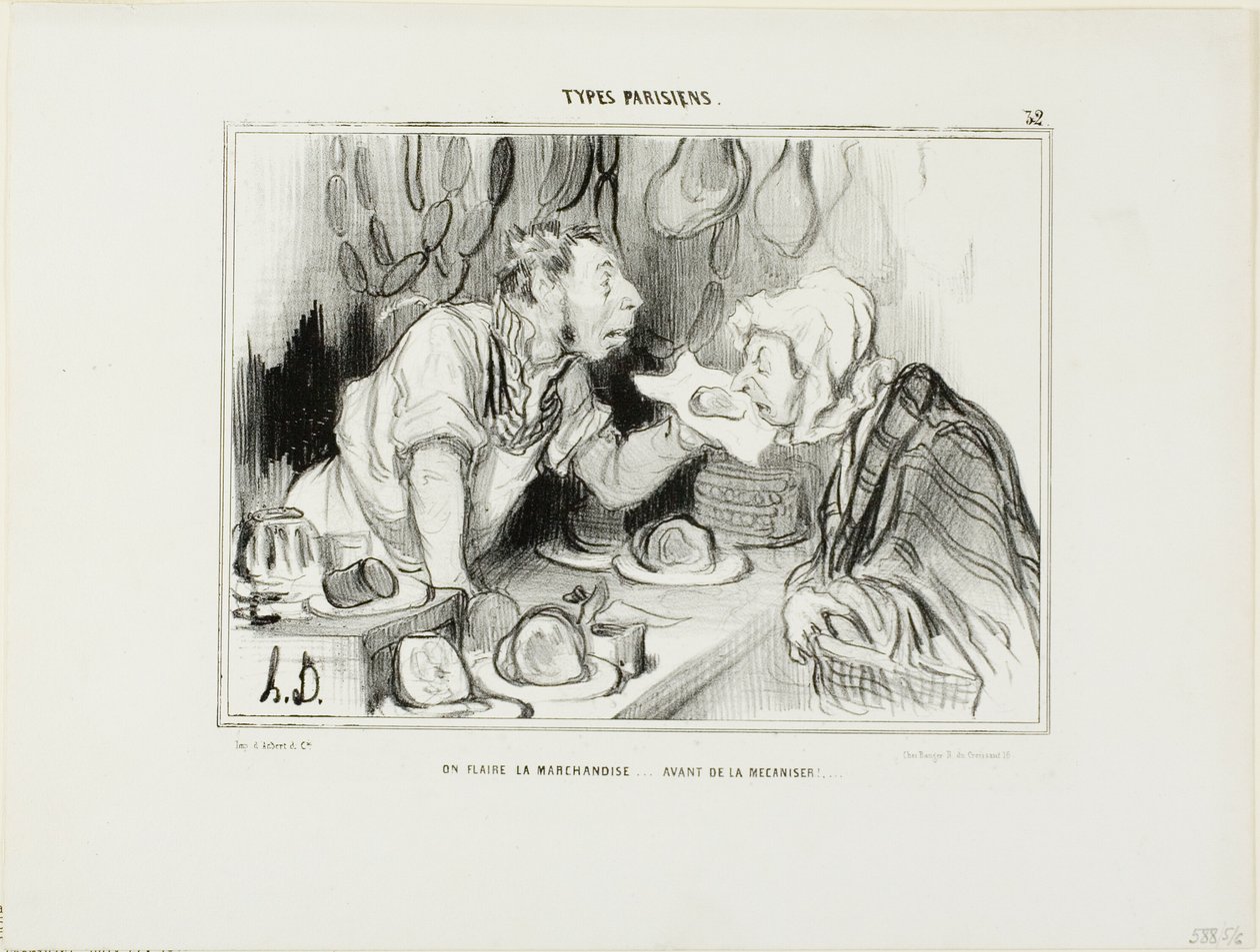 "Než si koupíte zboží, očicháte ho...", deska 32 z knihy Types Parisiens od Honoré Victorin Daumier