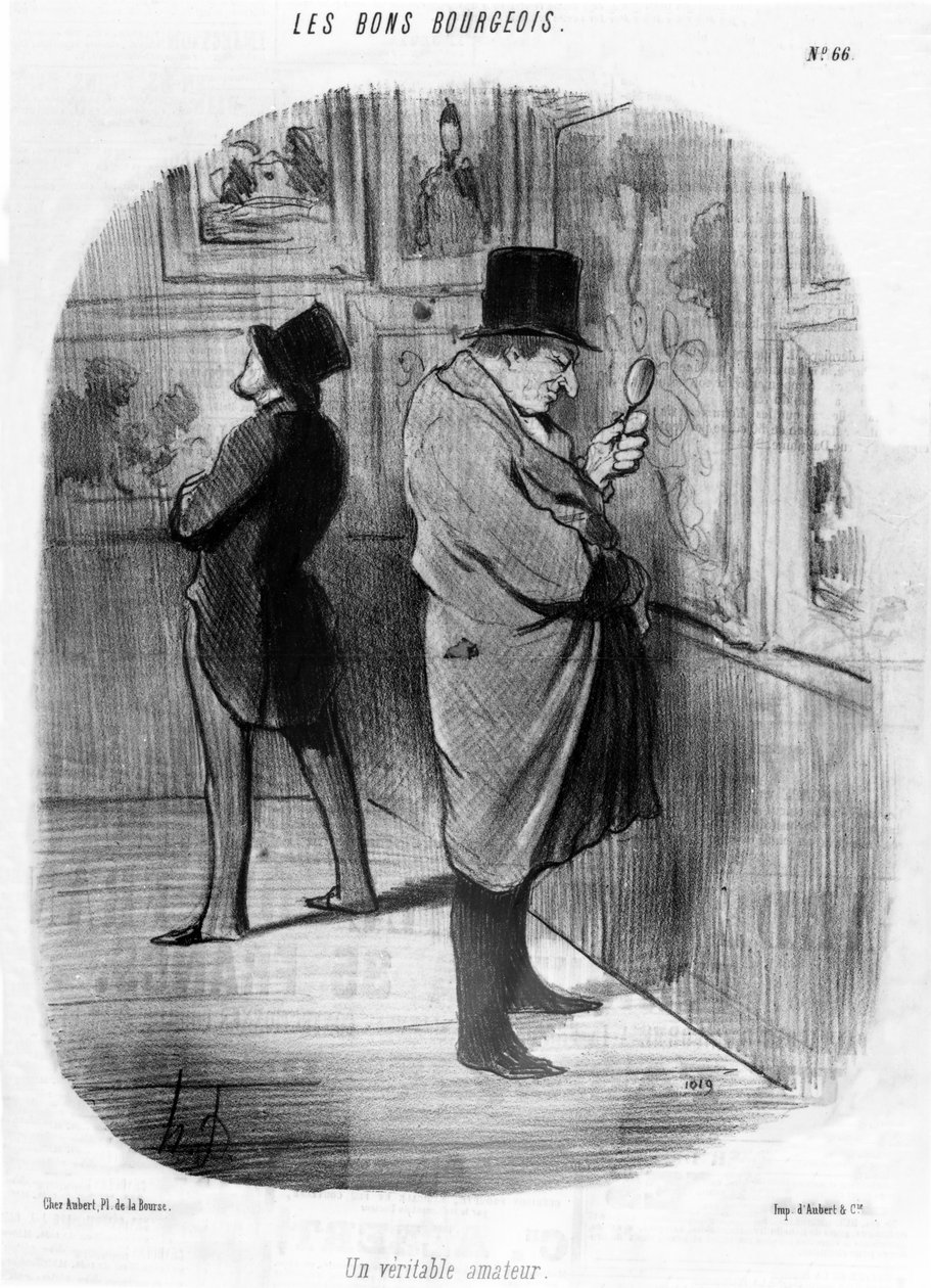 „A True Art Lover“, ze série karikatur „Good Bourgeois“, publikované v „Le Charivari“, 16. května 1847 od Honoré Daumier