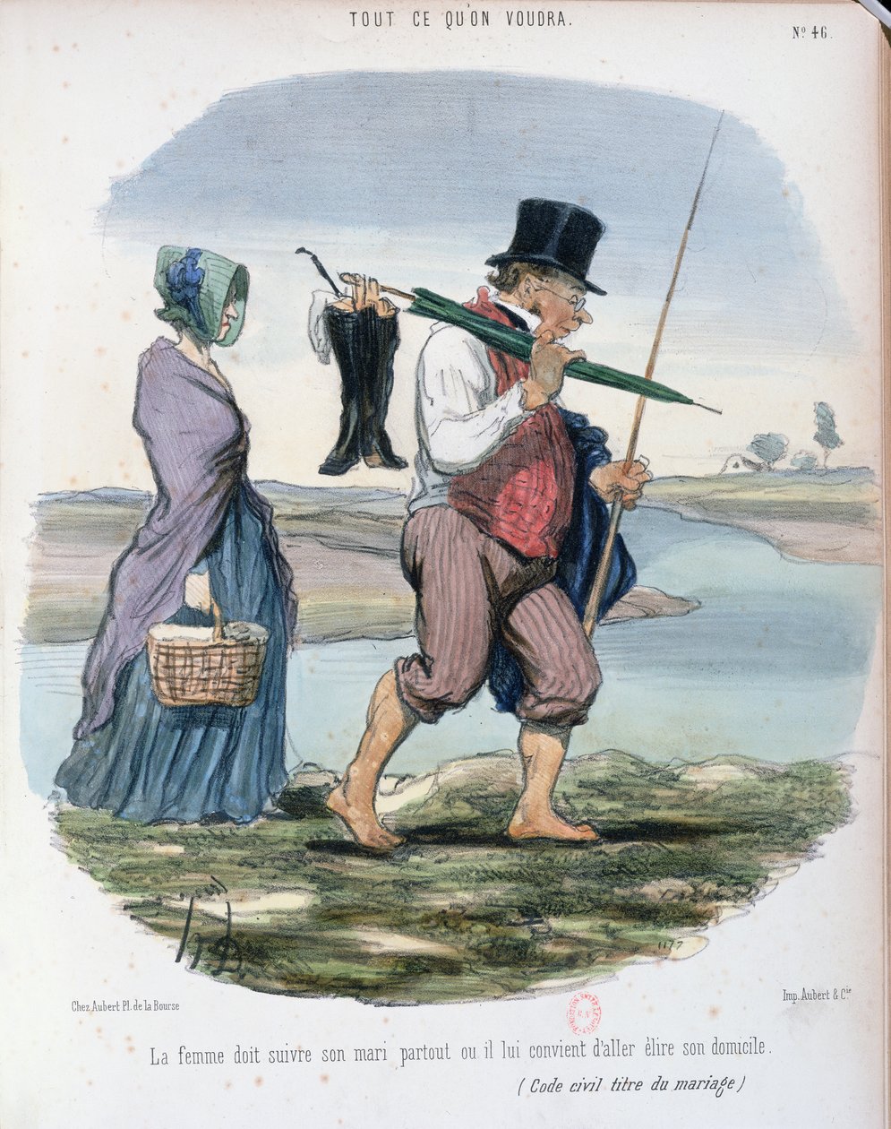 Karikatura zesměšňující kapitolu VI Práva a povinnosti manželů ve francouzském občanském zákoníku, vyhlášeném Napoleonem v roce 1804, kolem 1840-50 od Honoré Daumier