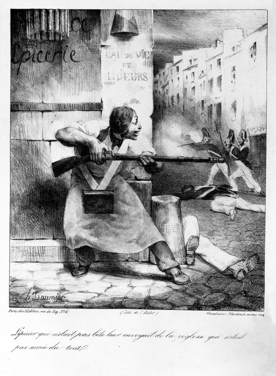 Rebelský obchodník s potravinami střílel na četníky během červencové revoluce v roce 1830 od Honoré Daumier