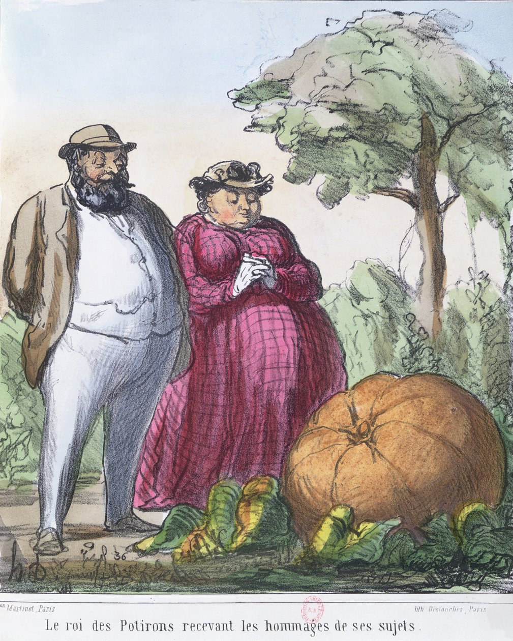 „Král dýní přijímá poctu svých poddaných“ (barevná rytina) od Honoré Daumier