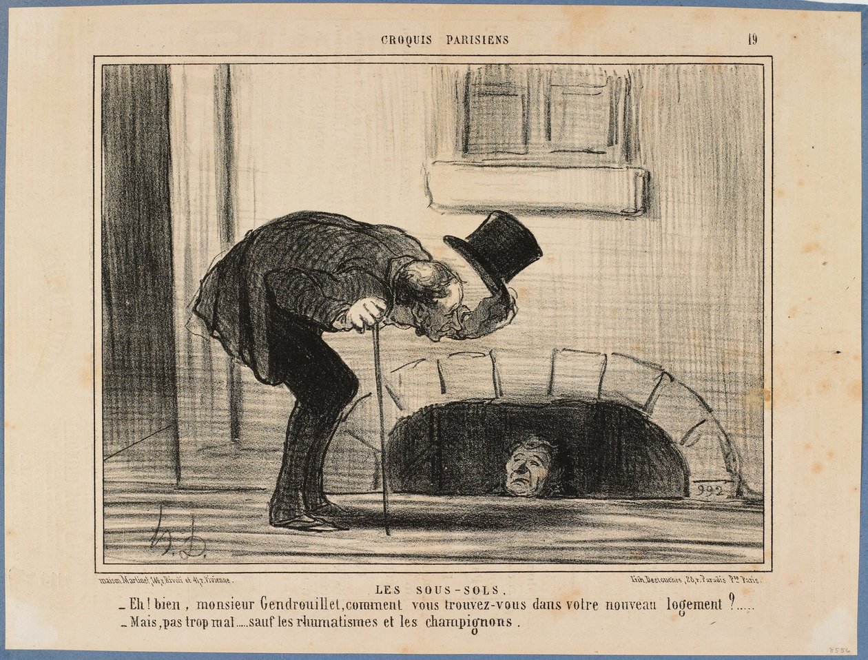 „Tak co, pane Gendrouillete, jak se vám bydlí v novém ubytování?“ - „Ne příliš špatně, až na revmatismus a houby“ od Honoré Daumier